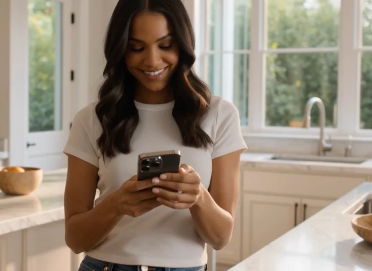 A woman in her kitchen receiving a PhoneTag call on her phone