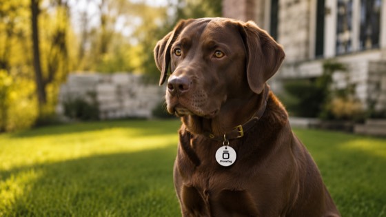 A chocolate lab wearing a PhoneTag collar tag