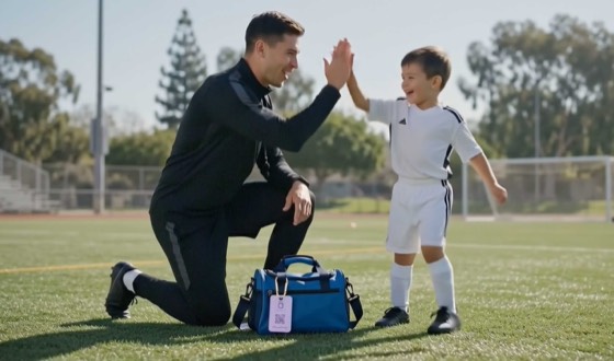 A coach and player with a tagged equipment bag