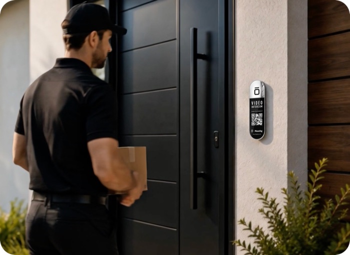 A visitor arrives at the door