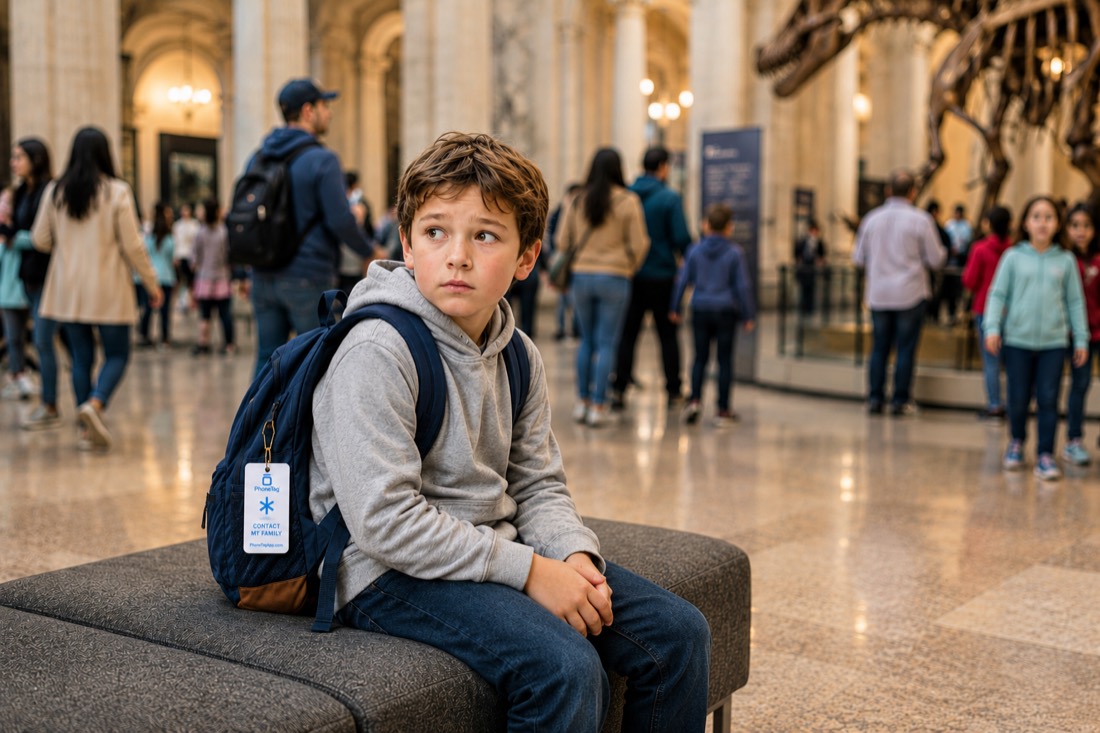 A young boy sits alone in a busy museum with a PhoneTag on his backpack