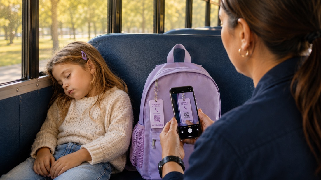 A bus driver scans the PhoneTag on a sleeping child's backpack