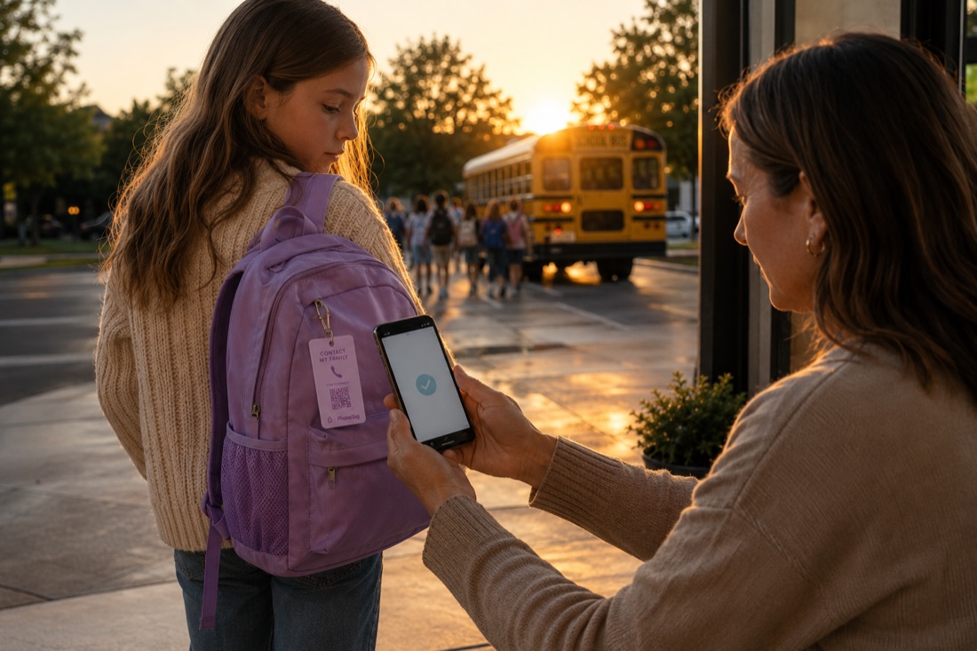 A school administrator scans the PhoneTag on a child's backpack