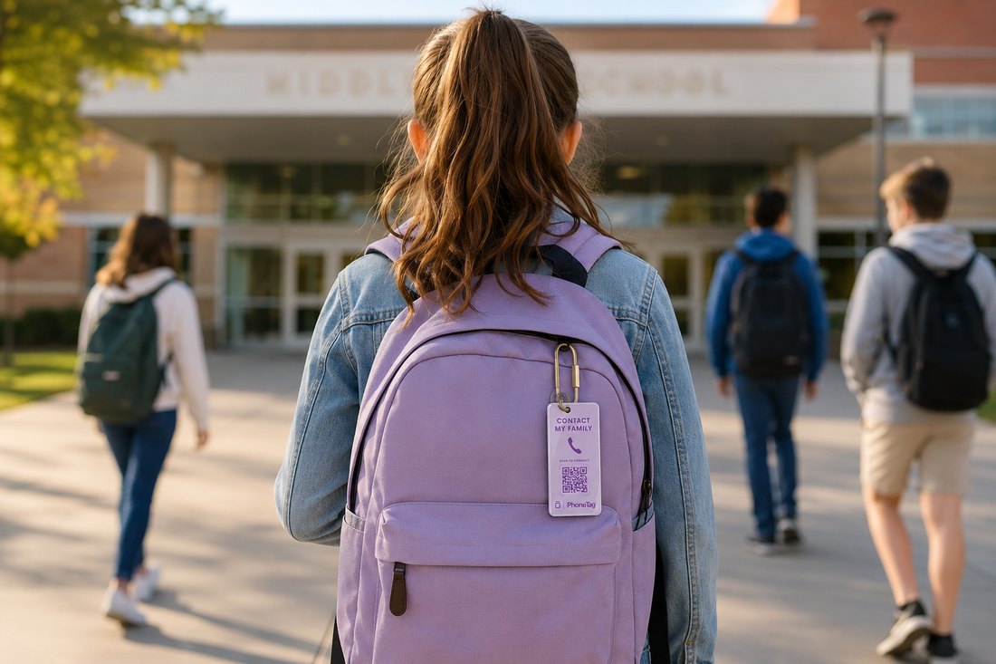 A girl walks into school with a PhoneTag on her purple backpack that reads Contact My Family, scan to connect