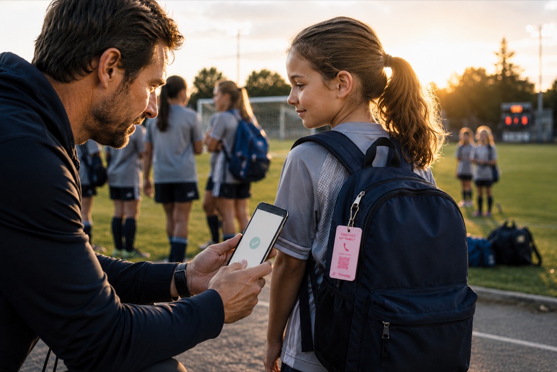A coach scans the PhoneTag on a young player's backpack after practice