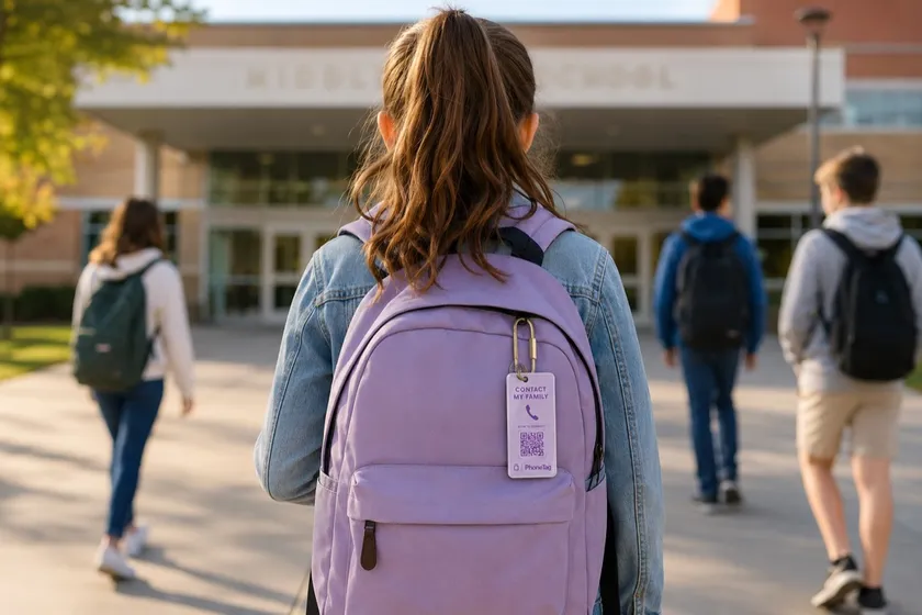 A kid's backpack identified by a small tag on the strap instead of a printed name