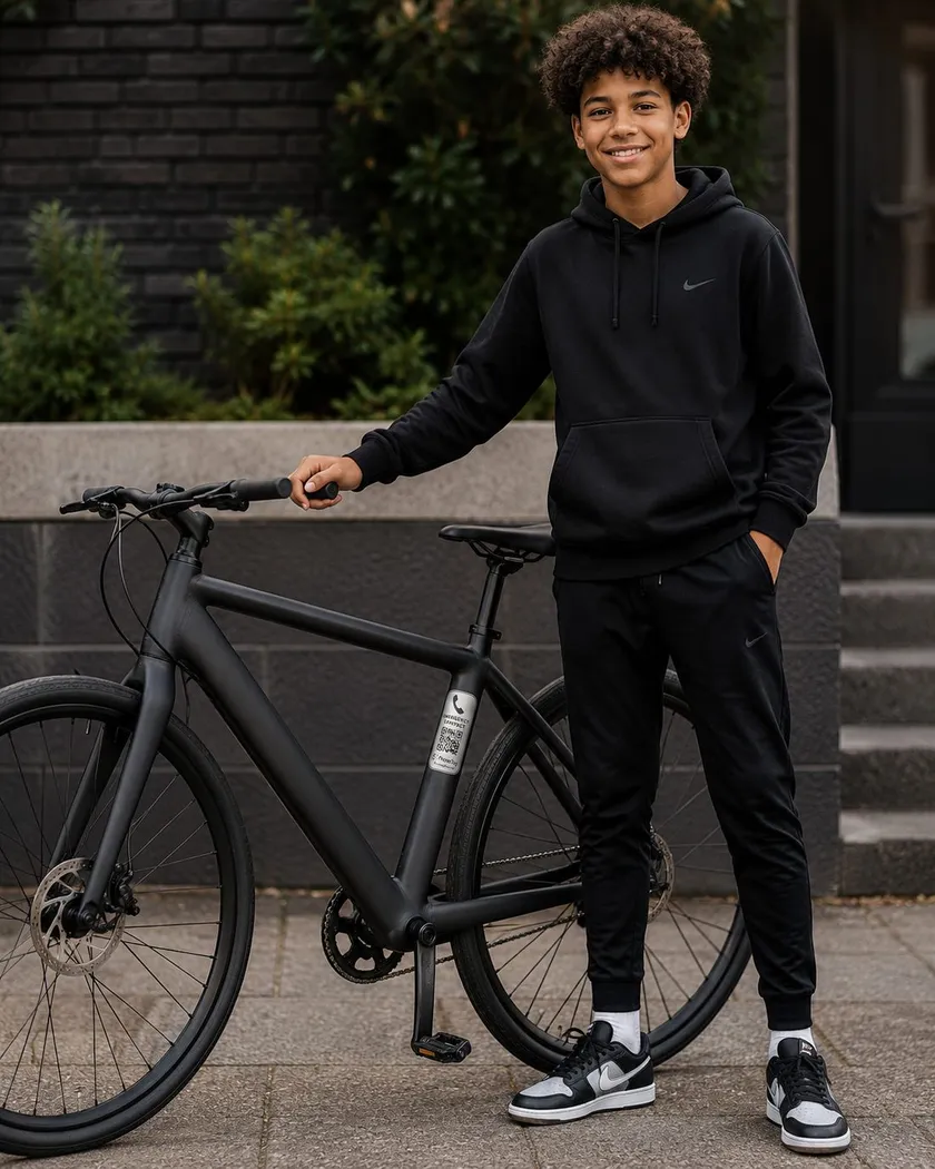 A student with a bike carrying a PhoneTag tag outside campus housing