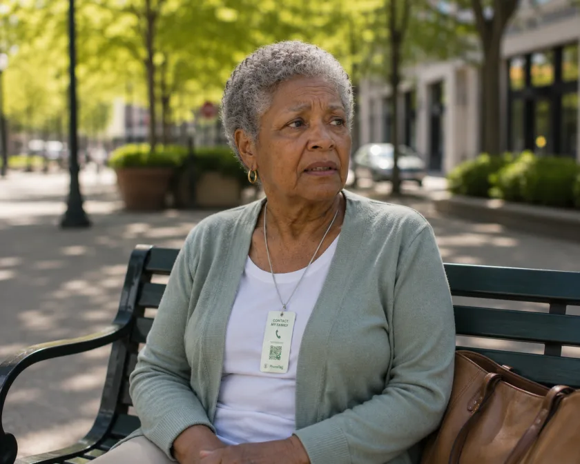 An older woman sitting alone on a town center bench, wearing a PhoneTag contact tag on a lanyard