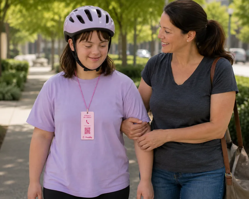 A young woman wearing a pink PhoneTag contact tag on a lanyard, walking arm in arm with her mother