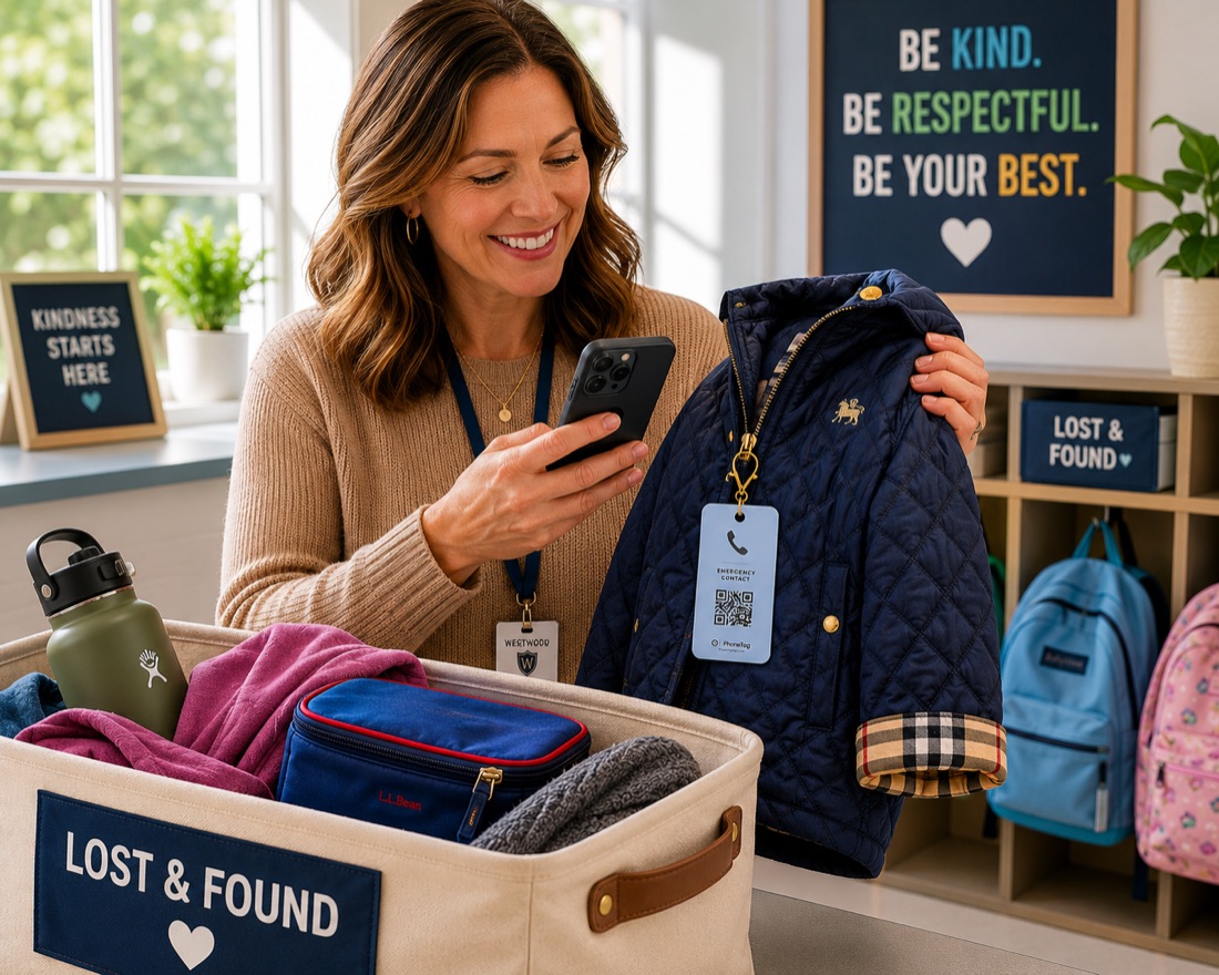 A parent scanning a PhoneTag on a jacket found in a school lost and found