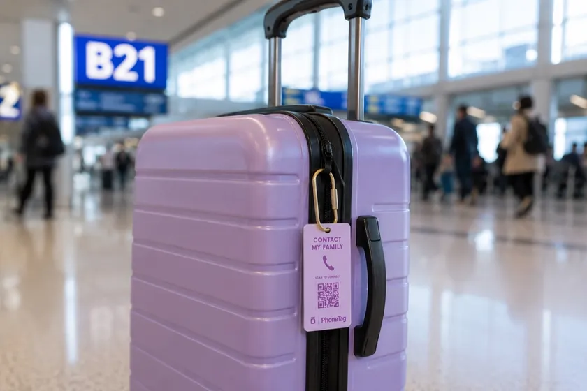 A suitcase with a PhoneTag smart lost and found tag attached