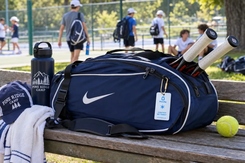 A kid's sports bag with a PhoneTag smart tag attached
