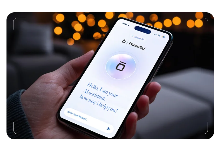 The PhoneTag AI assistant greeting a visitor on a phone