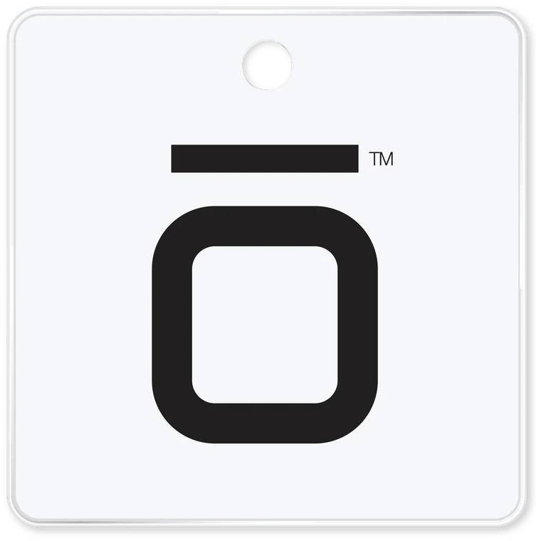 Back of the square PhoneTag bag and luggage tag with the PhoneTag mark