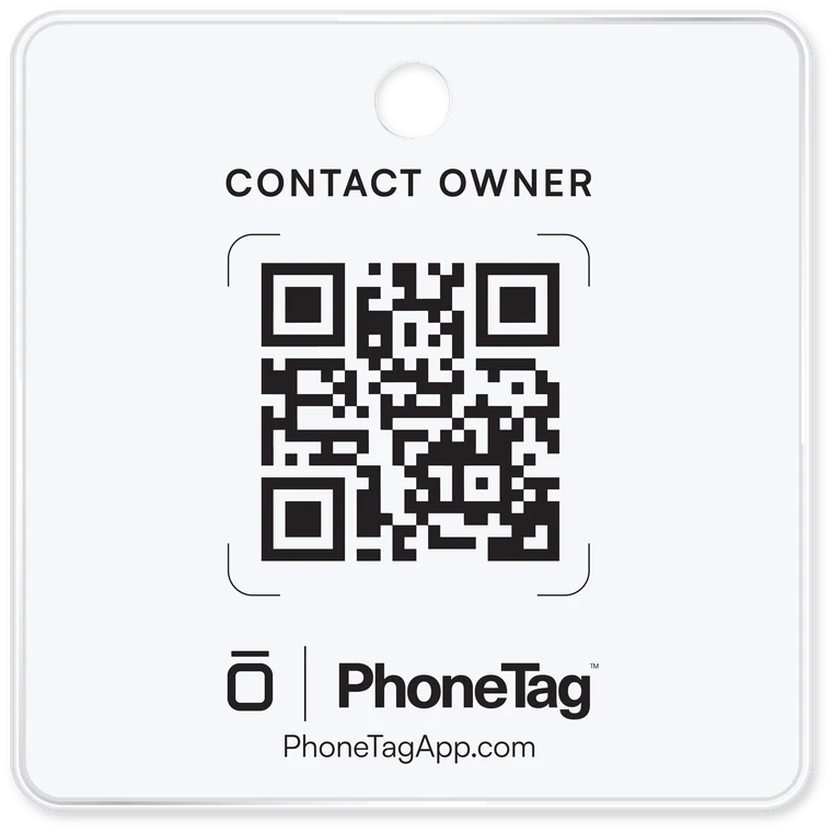 Front of the square PhoneTag bag and luggage tag with a Contact Owner QR code