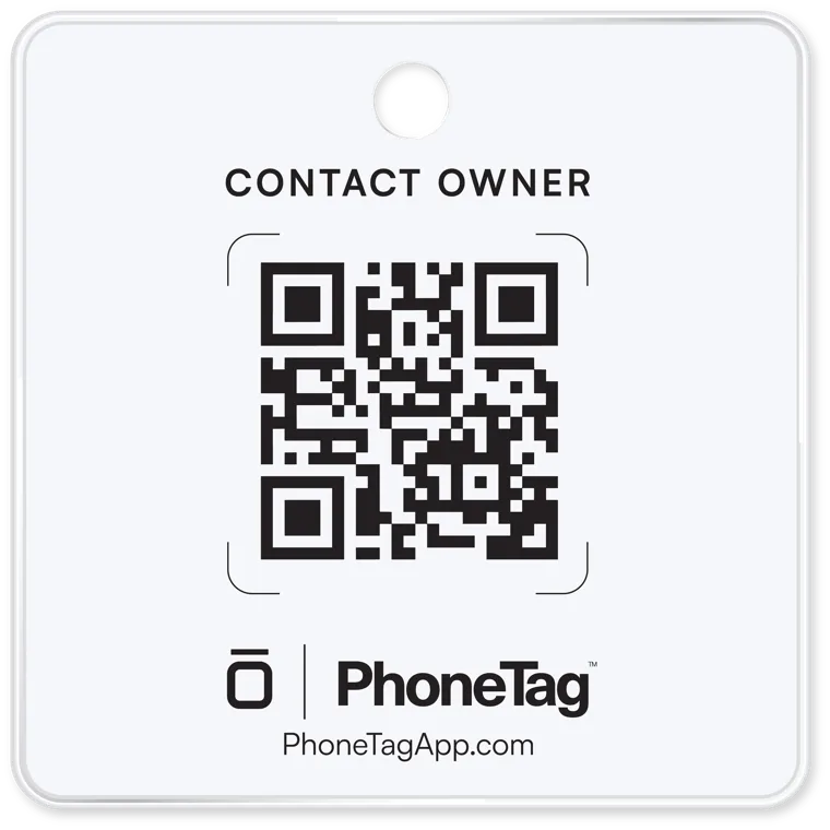 The square PhoneTag bag and luggage tag with a Contact Owner QR code