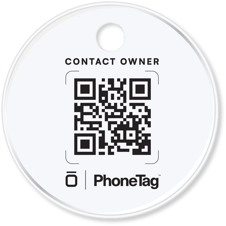 Front of the round PhoneTag pet tag with a Contact Owner QR code