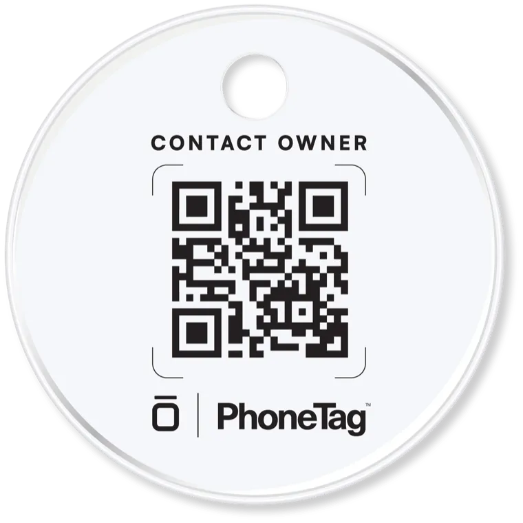 The round PhoneTag pet tag with a Contact Owner QR code